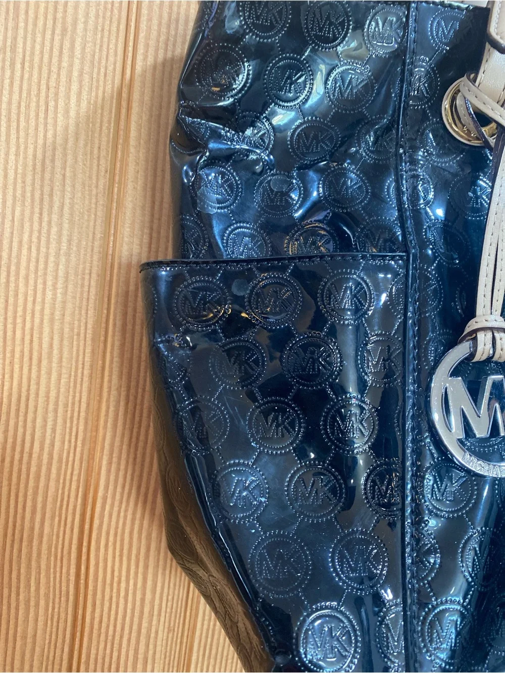 Michael Kors Black Patent Tote with Tan Handles & Outside Pockets